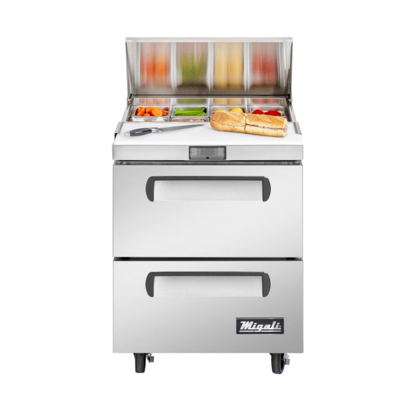 Migali 27″ – 8 Pans, Sandwich Prep Table with Drawers Rear Mount Stainless Steel 115V