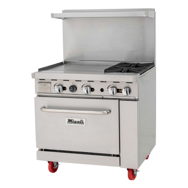 Migali 2 Burner Range, 24” Griddle Left Side, (1) Oven, Liquid Propane Stainless Steel