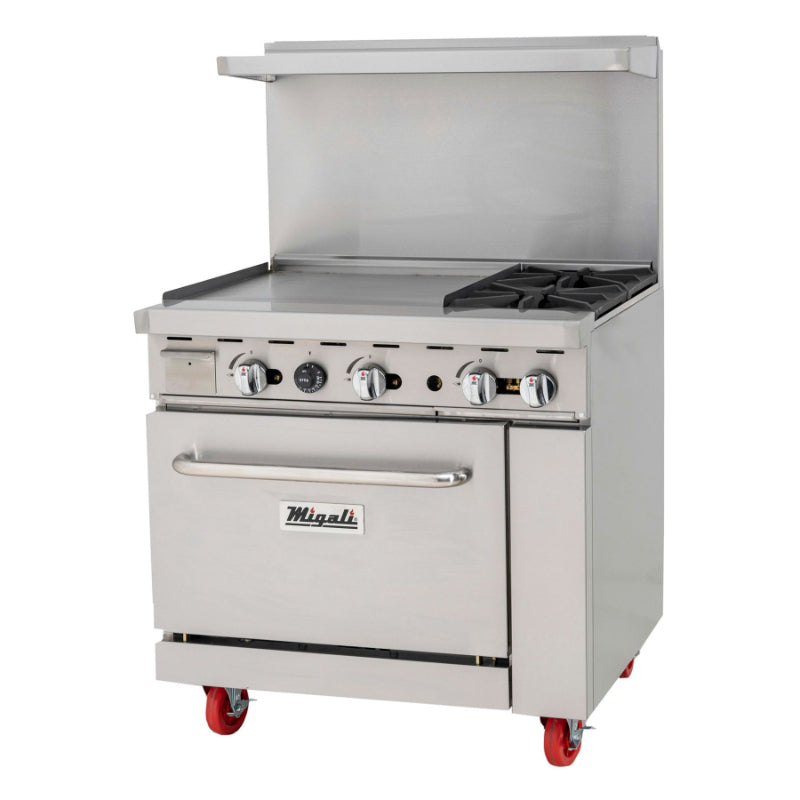 Migali 2 Burner Range, 24” Griddle Left Side, (1) Oven, Liquid Propane Stainless Steel