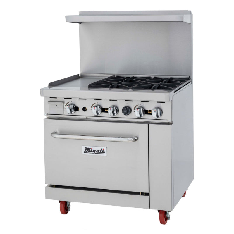 Migali 4 Burner Range, 12” Griddle Left Side, (1) Oven, Liquid Propane Stainless Steel
