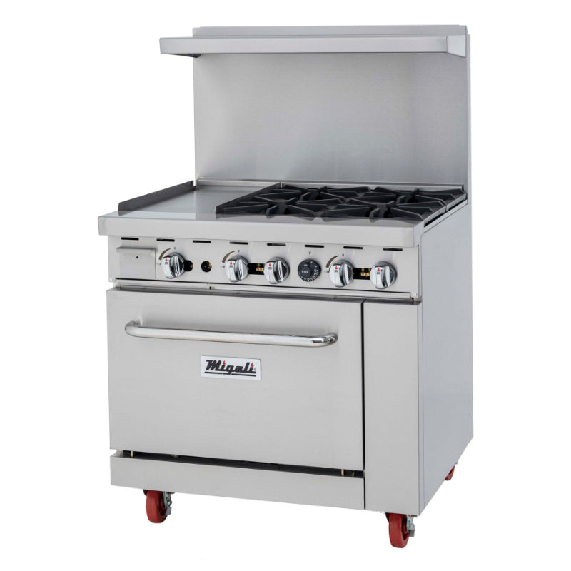 Migali 4 Burner Range, 12” Griddle Left Side, (1) Oven, Natural Gas Stainless Steel
