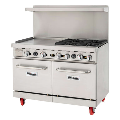 Migali 4 Burner Range, 24” Griddle Left Side, (2) Ovens, Liquid Propane Stainless Steel