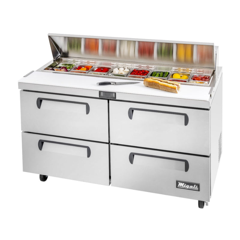 Migali 60″ – 16 Pans, Sandwich Prep Table with Drawers Rear Mount Stainless Steel 115V