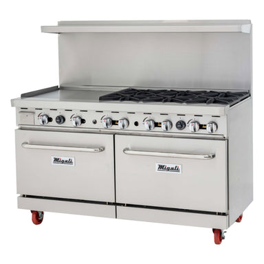 Migali 6 Burner Range, 24” Griddle Left Side, (2) Ovens, Liquid Propane Stainless Steel