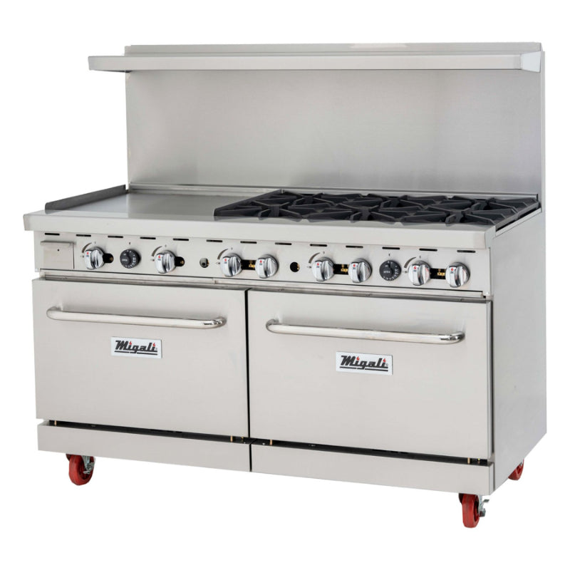 Migali 6 Burner Range, 24” Griddle Left Side, (2) Ovens, Liquid Propane Stainless Steel