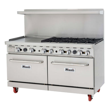 Migali 6 Burner Range, 24” Griddle Left Side, (2) Ovens, Natural Gas Stainless Steel