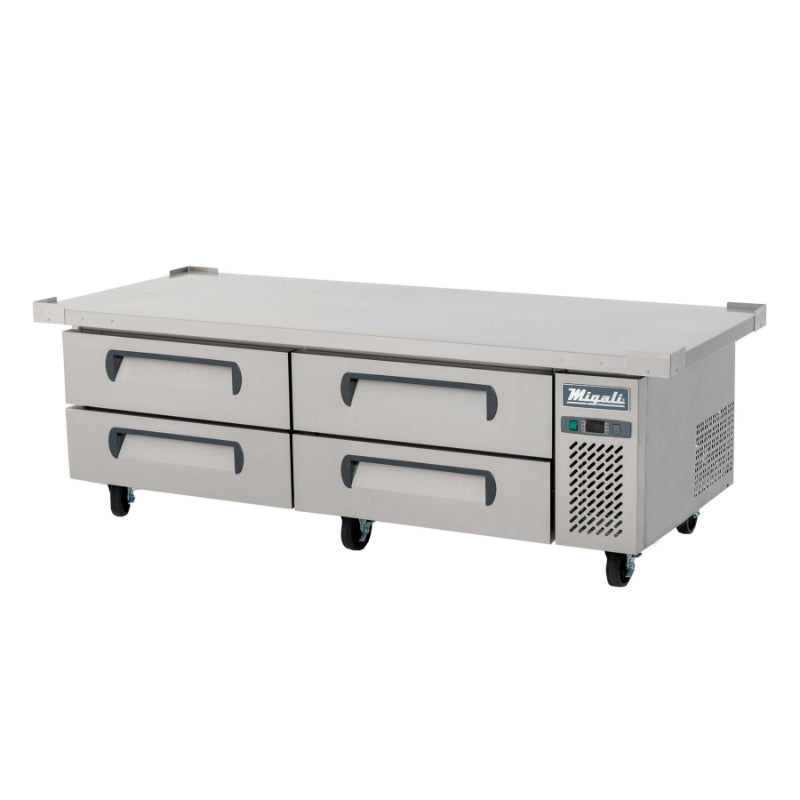 Migali 72″ Wide Refrigerated Chef Base with 76″ extended top Side Mount Stainless Steel 115V