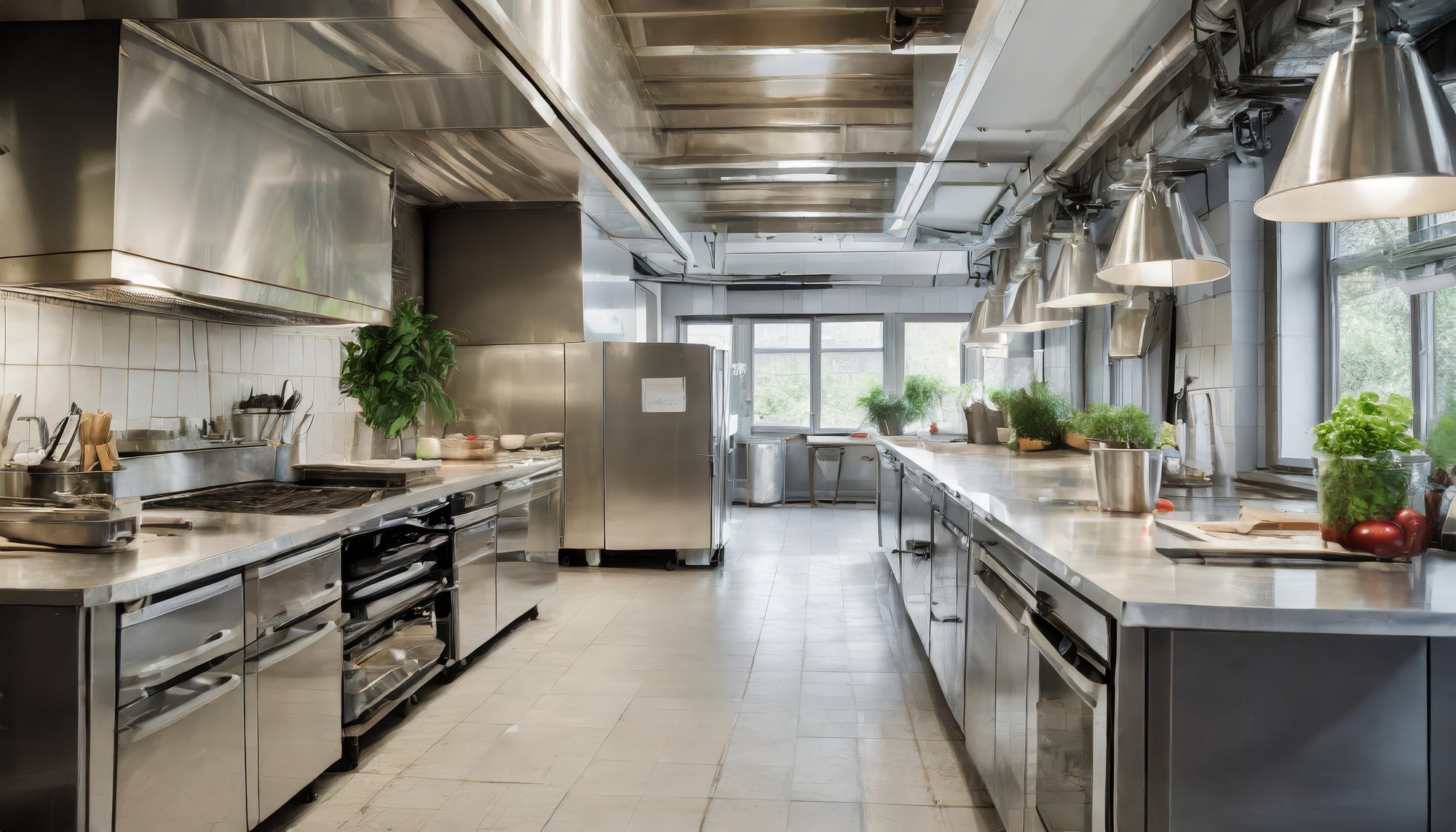 commercial kitchen with green accents